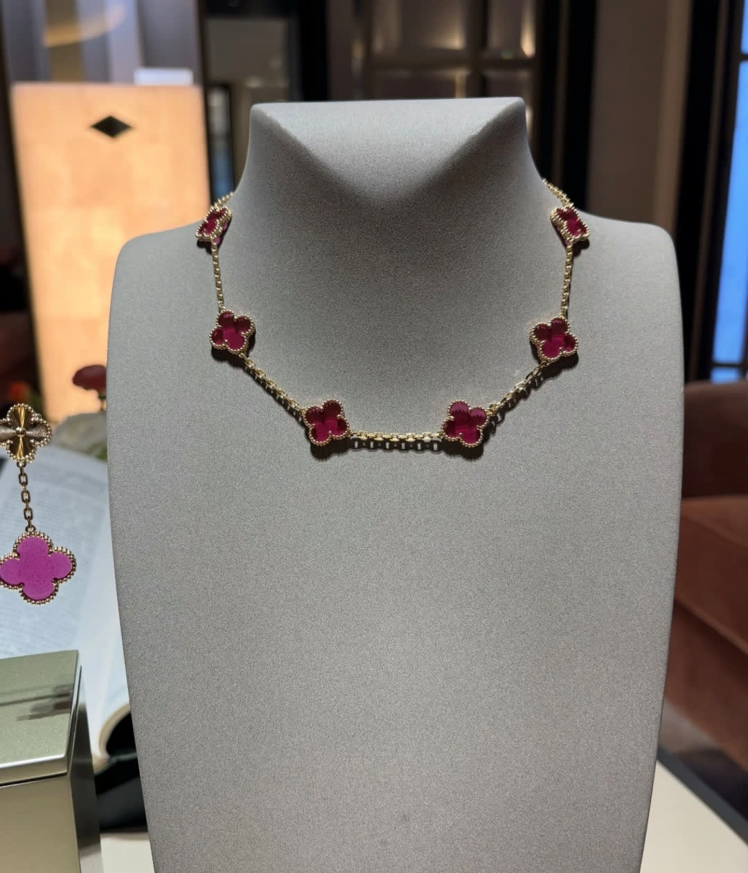 Van Cleef & Arpels Alhambra Pink Enamel Necklace and Earrings Set